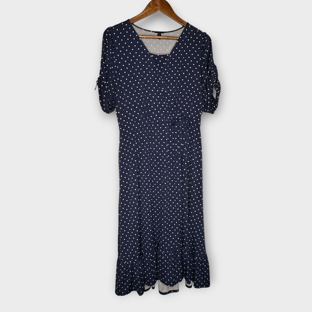 Torrid Polka Dot Midi Dress Navy White Bows Coquette Faux Wrap Size 1 (14/16)